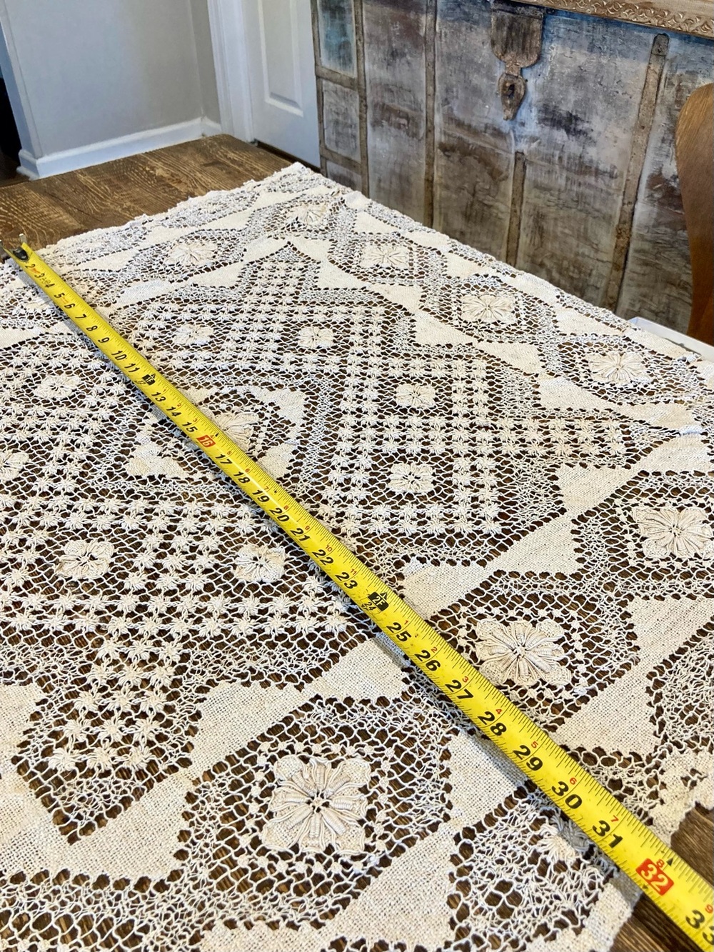 Crochet Tablecloth Square Floral Design In Cream Color - Picture 4 of 13
